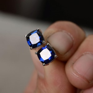 Lab sapphire Earring Stud Sterling Silver September Birthstone Gemstone Cushion Cut Sapphire Stud