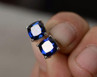 Lab sapphire Earring Stud Sterling Silver September Birthstone Gemstone Cushion Cut Sapphire Stud