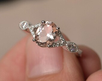 Natural Pink Morganite Rings Oval Cut Gemstone Rings Silver Rings Sterling Silver Rings