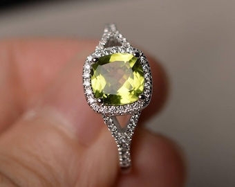 Promise Ring Natural Green Peridot Ring Cushion Cut Gemstone August Birthstone Sterling Silver Ring Gifts