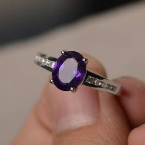 Natural Amethyst Ring Promise Ring Oval Cut Gems Purple Gemstone February Birthstone Ring Sterling Silver Ring