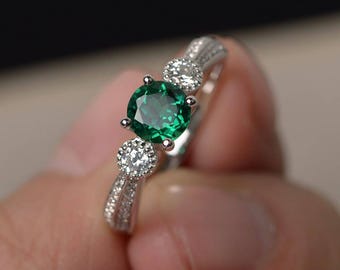 Anillos de boda únicos con esmeralda, piedras preciosas verdes, anillos de corte redondo, anillo de plata maciza, piedra de nacimiento de mayo.