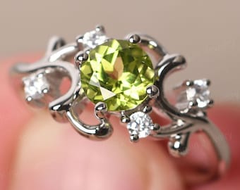 Unique Peridot Twig Wedding Ring Round Cut Sterling Silver Cluster August Birthstone Ring