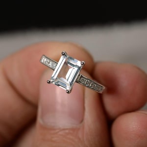 Natural White Topaz Ring Sterling Silver Emerald Cut Gemstone Ring Promise Ring