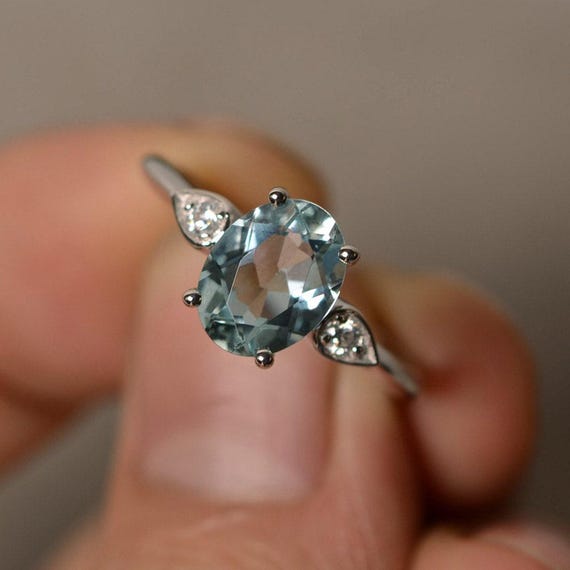 Natural Aquamarine Ring Silver Oval Aquamarine Ring Engagement Ring