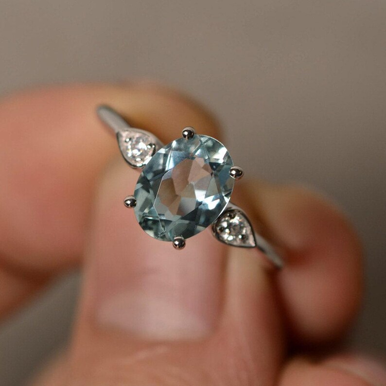 Natural Aquamarine Ring Silver Oval Aquamarine Ring Engagement Ring image 1