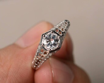 Natural White Topaz Rings Anniversary Rings Sterling Silver Rings Round Cut Rings