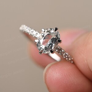 Dainty Hidden Halo White Topaz Ring Oval Cut Promise Ring Sterling Silver 6 Claw Prongs November Birthstone Ring