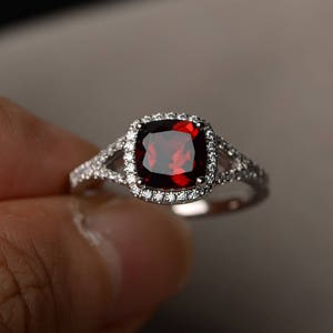 Natural Garnet Ring Promise Ring January Birthstone Cushion Cut Red Gemstone Sterling Silver Ring