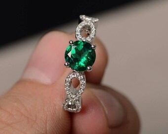 Anillos de propuesta Anillos de esmeralda Anillos de plata esterlina Piedra preciosa verde de corte redondo Piedra natal de mayo Anillos vintage