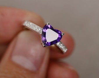 Natural Amethyst Ring Purple Crystal Gemstone Ring Silver Heart Cut Quartz Ring Engagement Ring February Birthstone Ring