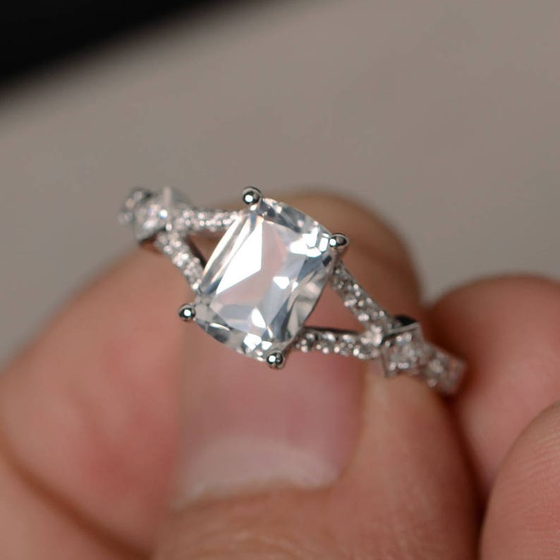 Natural White Topaz Ring Cushion Cut Gemstone Ring Silver Split Band Ring