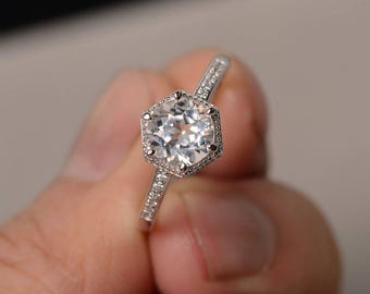Natural White Topaz Rings Sterling Silver Engagement Ring Round Cut Gemstone Jewelry