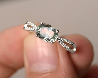 Anniversary Rings Natural Green Amethyst rings Oval Cut Green Gemstone Sterling Silver Rings Gifts