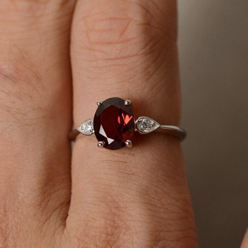 Red Garnet Ring Sterling Silver Oval Gemstone Ring Engagement Rings image 2