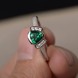 Emerald Wedding Rings May Birthstone Rings Trillion Cut Rings Sterling Silver Ring Green Stone Rings