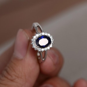 Lab Sapphire Ring Silver Dark Blue Gemstone Ring Promise Ring For Her September Birthstone Ring