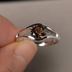 Genuine Natural Smoky Quartz Ring Anniversary Ring Round Cut Gemstone Ring Solitaire Ring Sterling Silver Ring