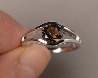 Genuine Natural Smoky Quartz Ring Anniversary Ring Round Cut Gemstone Ring Solitaire Ring Sterling Silver Ring