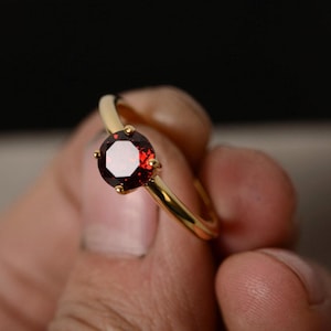 Red Garnet Solitaire Ring Yellow Gold Plated Silver Ring January birthstone