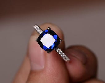 Anello con zaffiro da laboratorio, pietra portafortuna di settembre, anello con pietra preziosa blu, argento sterling 925