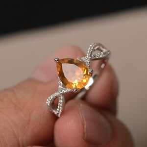 Natural Citrine Ring Pear Cut November Birthstone Ring Yellow Gemstone Ring Sterling Silver Ring