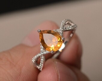Natural Citrine Ring Pear Cut November Birthstone Ring Yellow Gemstone Ring Sterling Silver Ring