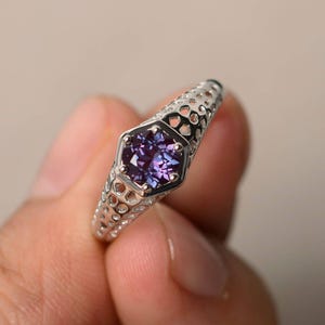 Alexandrite Rings Unique Engagement Rings Silver Rings Round Cut Color Changing Gemstone June Birthstone Ring