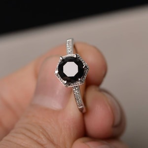 Round Cut Black Spinel Ring Silver Rings Black Ring Gemstone Jewelry