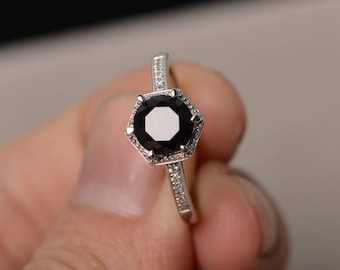 Rond geslepen zwarte spinelring Zilveren ringen Zwarte ring edelsteensieraden