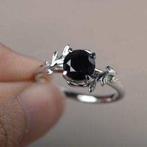 Black Spinel Ring Twig Wedding Ring Solitaire Ring Round Cut Sterling Sliver Ring
