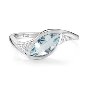 Natural Aquamarine Engagement Ring, Marquise Cut Blue Stone, Tension Bypass Promise Ring, Sterling Silver, March Birthstone