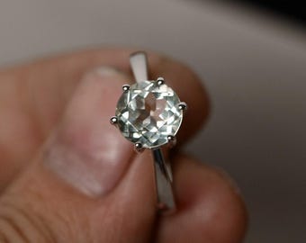 Natürliche grüne Amethyst Ring Silber Edelstein Ring Runde Stein Solitär Ring Prong Fassung