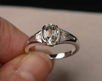 Oval Cut Gemstone Promise Ring Natural Green Amethyst Ring Sterling Silver Ring February Birthstone Ring