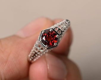 Natural Garnet Rings Anniversary Rings Sterling Silver Rings Round Cut Red Gemstone January Birthstone