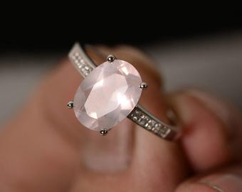 Natural Rose Quartz Ring Oval Ring Sterling Silver Ring Gemstone