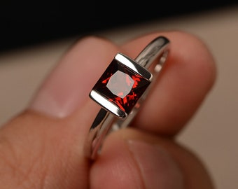 Red Garnet Rings January Birthstone Jewelry Princess Cut Rings Red Gemstone Rings White Gold Rings