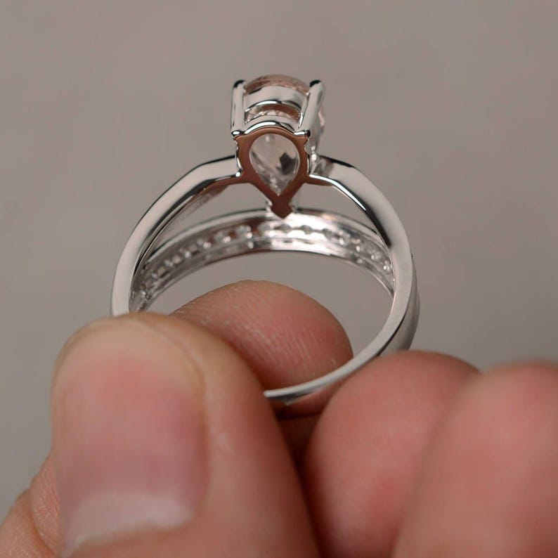Anillo de compromiso de morganita con forma de lágrima, anillo de piedras preciosas rosas, anillo de corona de plata imagen 3