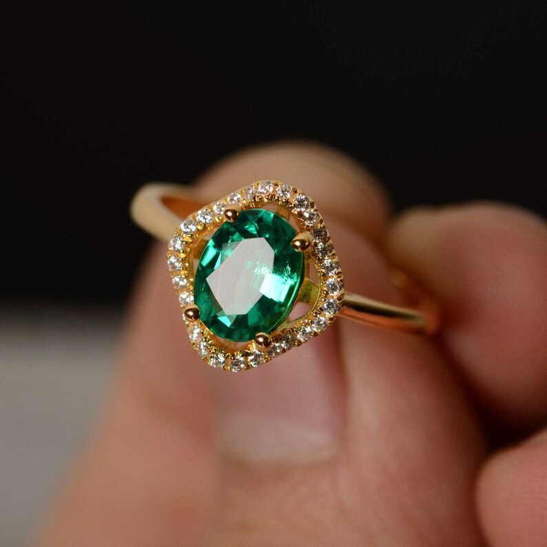 Lab Emerald Ring Yellow Gold Plated Silver Oval Cut Engagement Ring May Birthstone Ring image 2