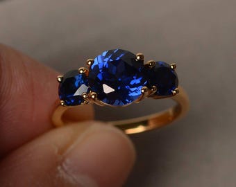 Blue Sapphire Ring Wedding Ring September Birthstone Ring Sterling Silver Ring Three Stone Ring Plated Yellow Gold