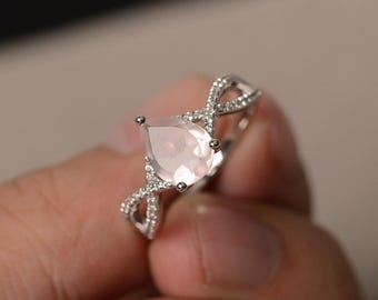 Natural Rose Quartz Ring Pear Cut Gemstone Ring Engagement Ring Pink Gemstone Ring Sterling Silver Ring