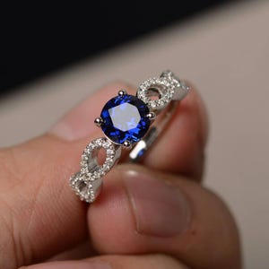 Blue Sapphire Rings Promise Rings September Birthstone Sterling Silver Rings Round Cut Blue Gemstone Vintage Rings