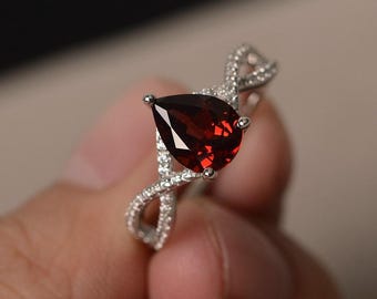 Proposal Ring Natural Red Garnet Ring January Birthstone Ring Red Gemstone Ring Sterling Silver Ring Pear Cut Gemstone