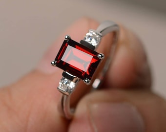 Natural Red Garnet Ring Wedding Ring January Birthstone Ring Emerald Cut Red Gemstone Ring Sterling Silver Ring