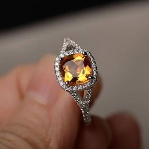 November Birthstone Wedding Ring Cushion Cut Natural Citrinel Ring Yellow Gemstone Sterling Silver Ring