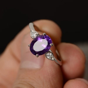 Natural Amethyst Ring Engagement Ring Purple Gemstone February Birthstone Oval Cut Amethyst Ring