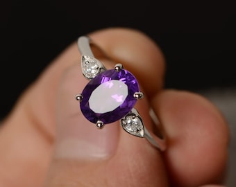 Natural Amethyst Ring Engagement Ring Purple Gemstone February Birthstone Oval Cut Amethyst Ring