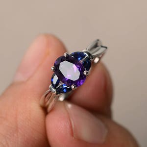 Unique Anniversary Rings Natural Amethyst Rings February Birthstone Oval Cut Purple Gemstone Silver Rings  Sapphire Accents