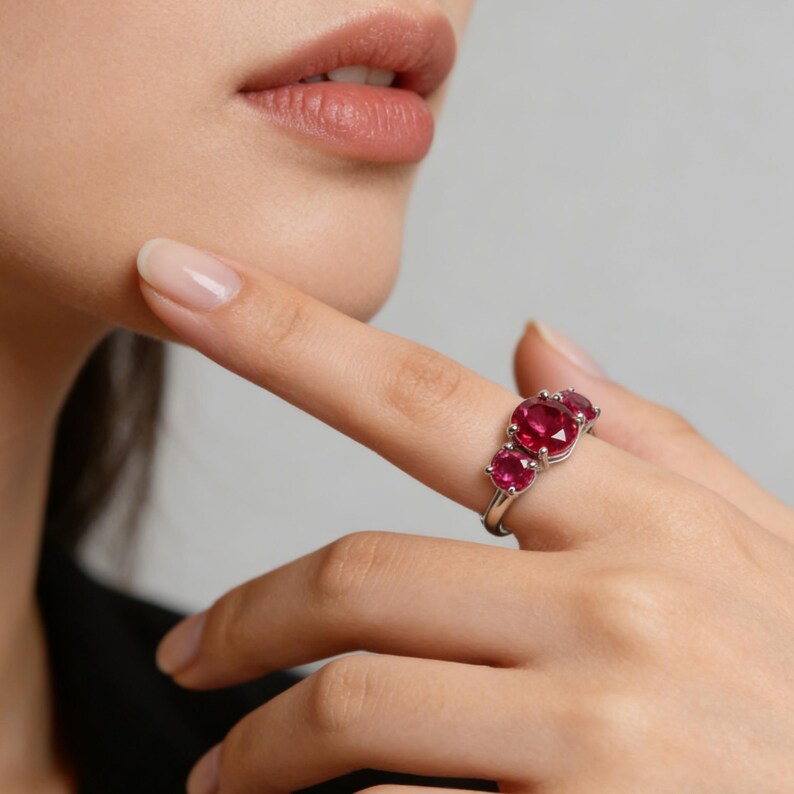 Handmade Three Stone Lab Ruby Ring, Sterling Silver Promise Ring image 2