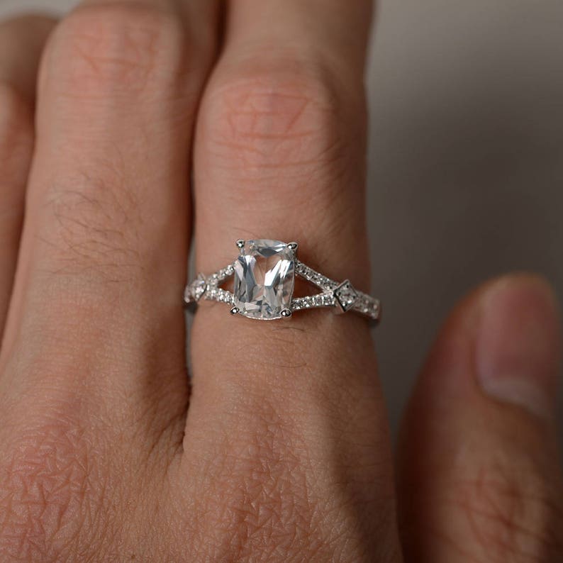 Natural White Topaz Ring Cushion Cut Gemstone Ring Silver Split Band Ring